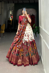 Tussar Silk Lehenga with Kalamkari Print & Foil Work Border