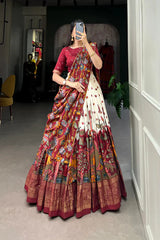 Tussar Silk Lehenga with Kalamkari Print & Foil Work Border