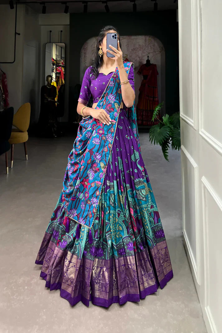 Stitched Tussar Silk Lehenga with Kalamkari Print & Foil Work Border