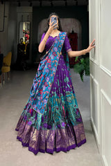 Stitched Tussar Silk Lehenga with Kalamkari Print & Foil Work Border