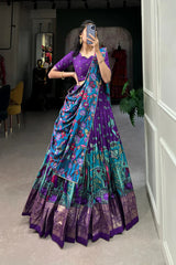 Stitched Tussar Silk Lehenga with Kalamkari Print & Foil Work Border
