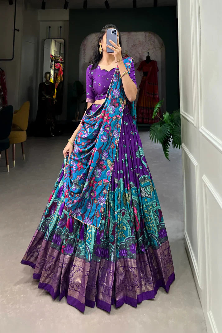 Stitched Tussar Silk Lehenga with Kalamkari Print & Foil Work Border