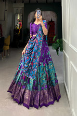 Stitched Tussar Silk Lehenga with Kalamkari Print & Foil Work Border