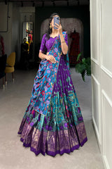 Stitched Tussar Silk Lehenga with Kalamkari Print & Foil Work Border