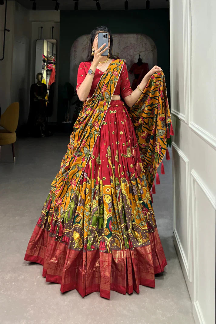 Elegant Tussar Silk Lehenga with Kalamkari Print & Foil Work Border – Stitched Lehenga Set