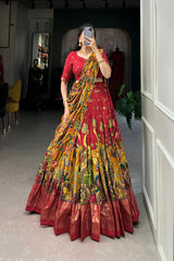 Elegant Tussar Silk Lehenga with Kalamkari Print & Foil Work Border – Stitched Lehenga Set