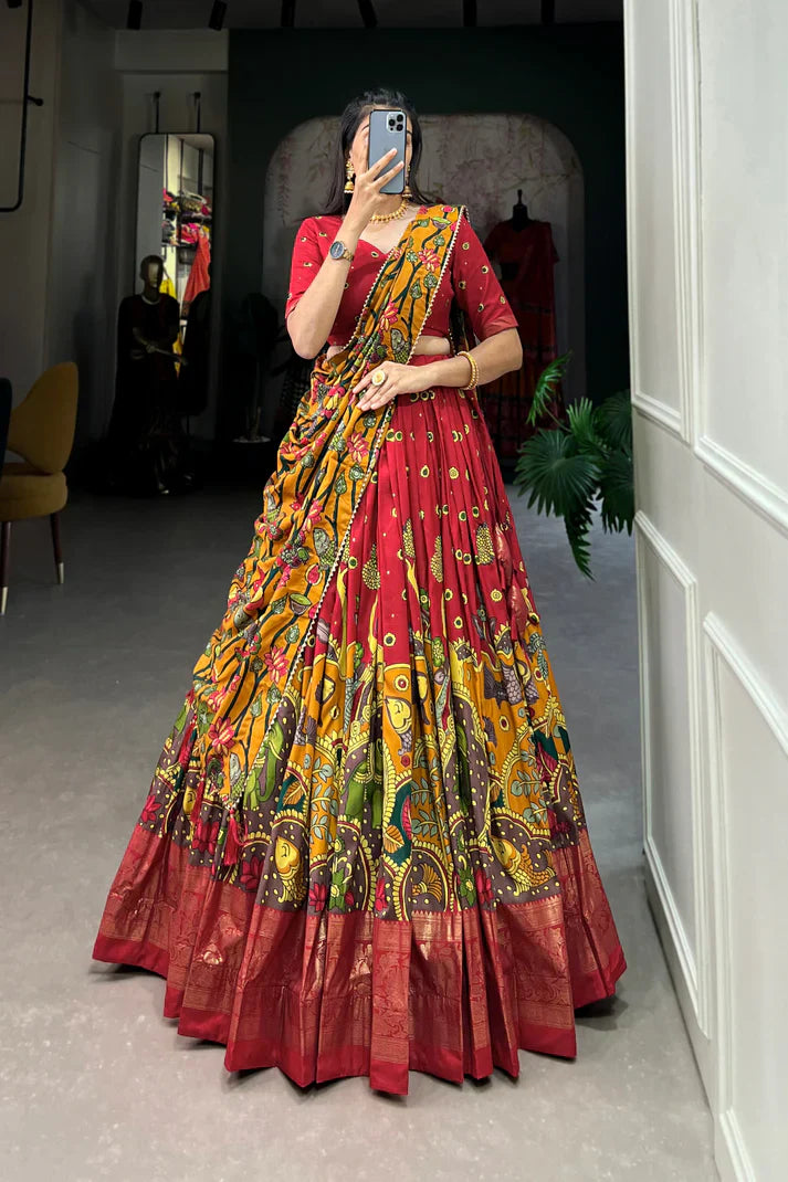 Elegant Tussar Silk Lehenga with Kalamkari Print & Foil Work Border – Stitched Lehenga Set