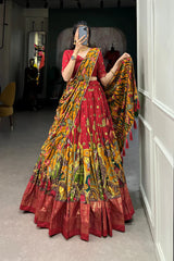 Elegant Tussar Silk Lehenga with Kalamkari Print & Foil Work Border – Stitched Lehenga Set
