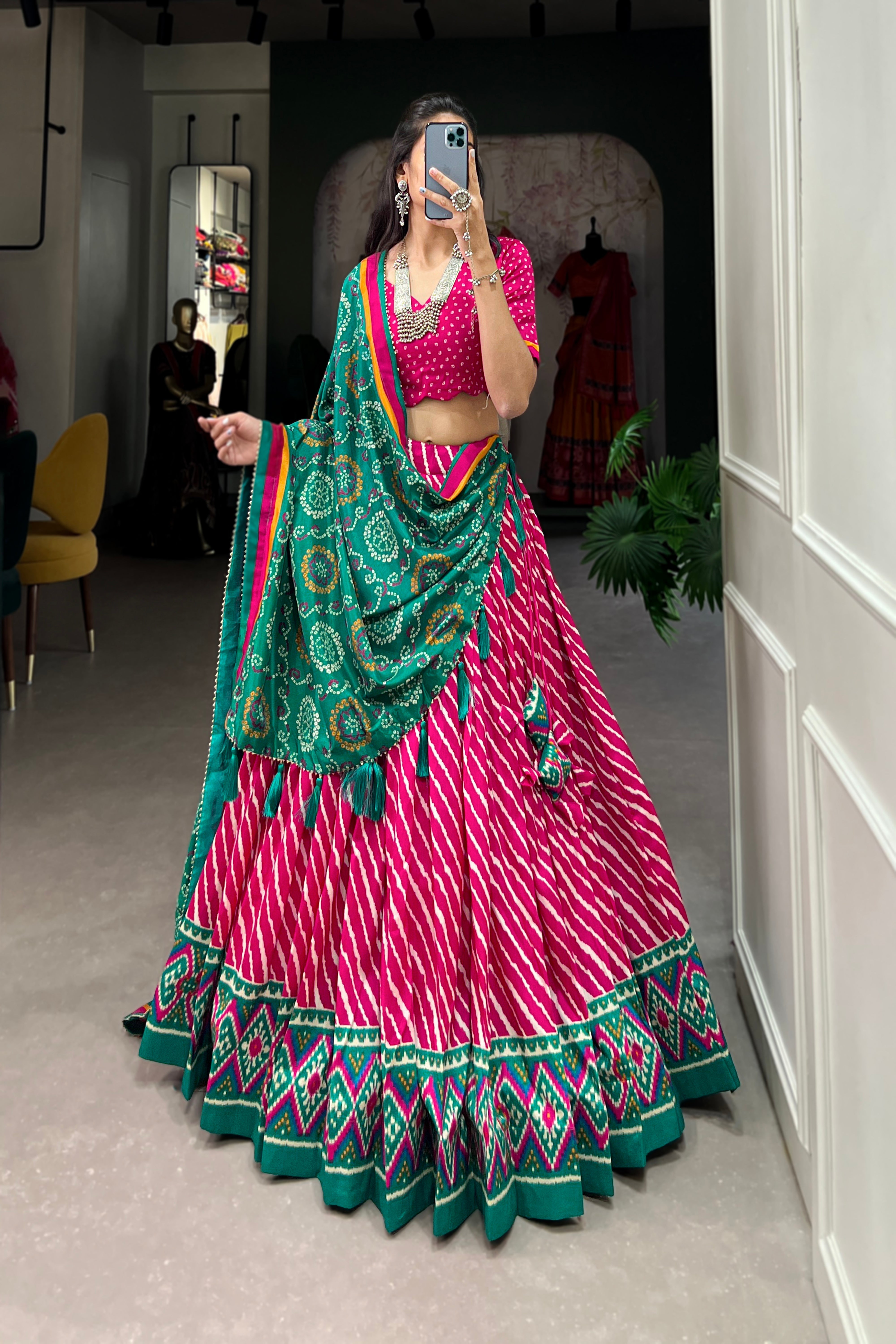 Elegant Leheriya Print Tussar Silk Lehenga Choli with Patola Print Border & Bandhani Dupatta
