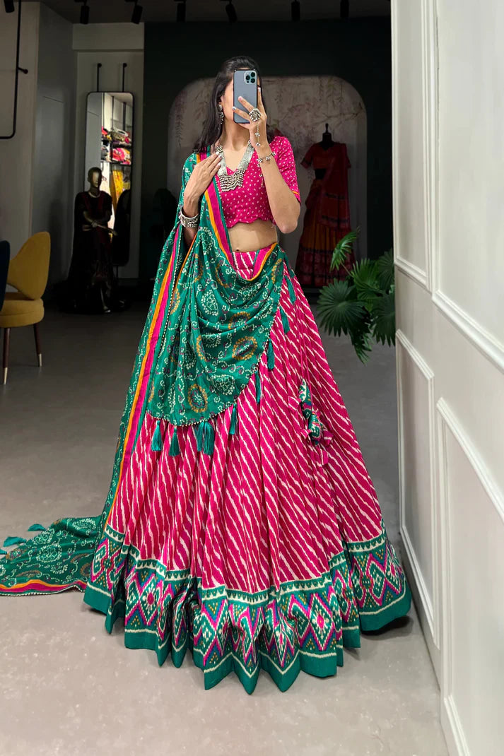 Elegant Leheriya Print Tussar Silk Lehenga Choli with Patola Border & Bandhani Dupatta
