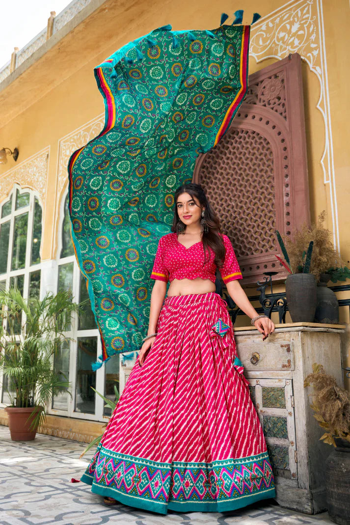 Elegant Leheriya Print Tussar Silk Lehenga Choli with Patola Border & Bandhani Dupatta