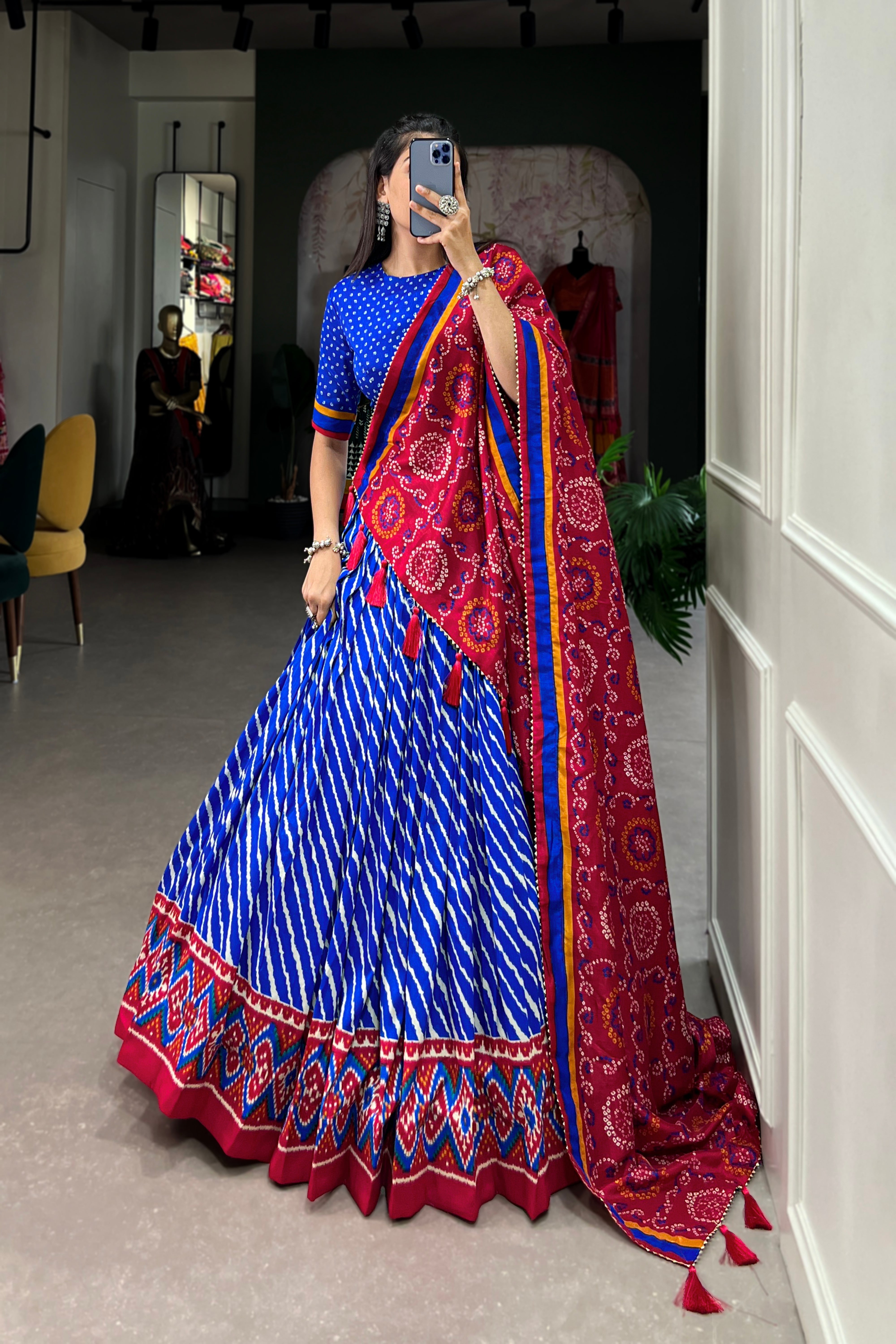 Elegant Leheriya Print Tussar Silk Lehenga Choli with Patola Print Border & Bandhani Dupatta
