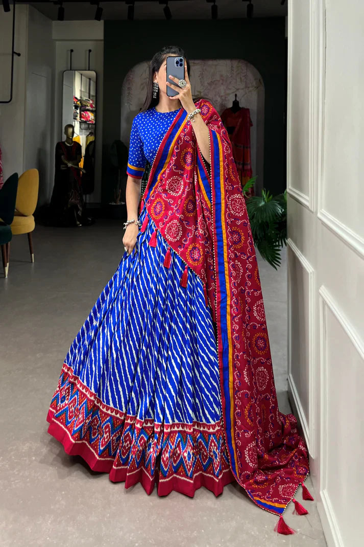 Festive Leheriya Tussar Silk Lehenga Choli with Patola Border and Bandhani Dupatta