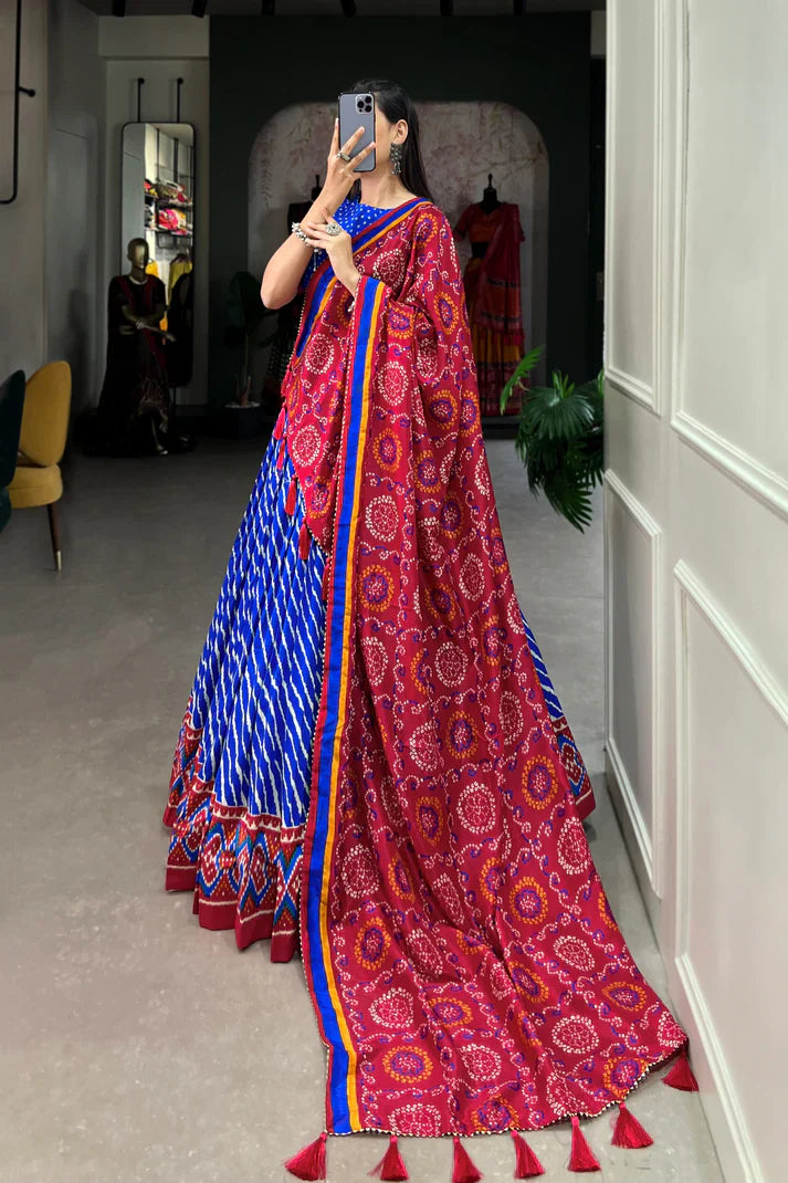 Festive Leheriya Tussar Silk Lehenga Choli with Patola Border and Bandhani Dupatta
