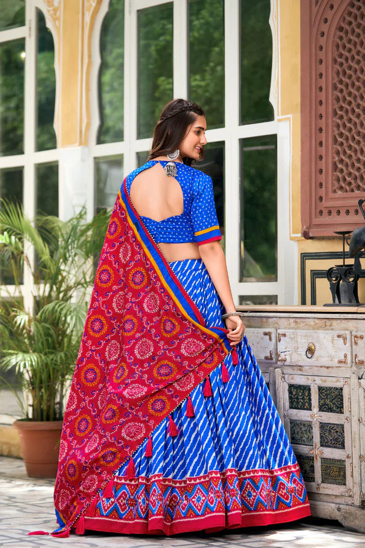 Festive Leheriya Tussar Silk Lehenga Choli with Patola Border and Bandhani Dupatta