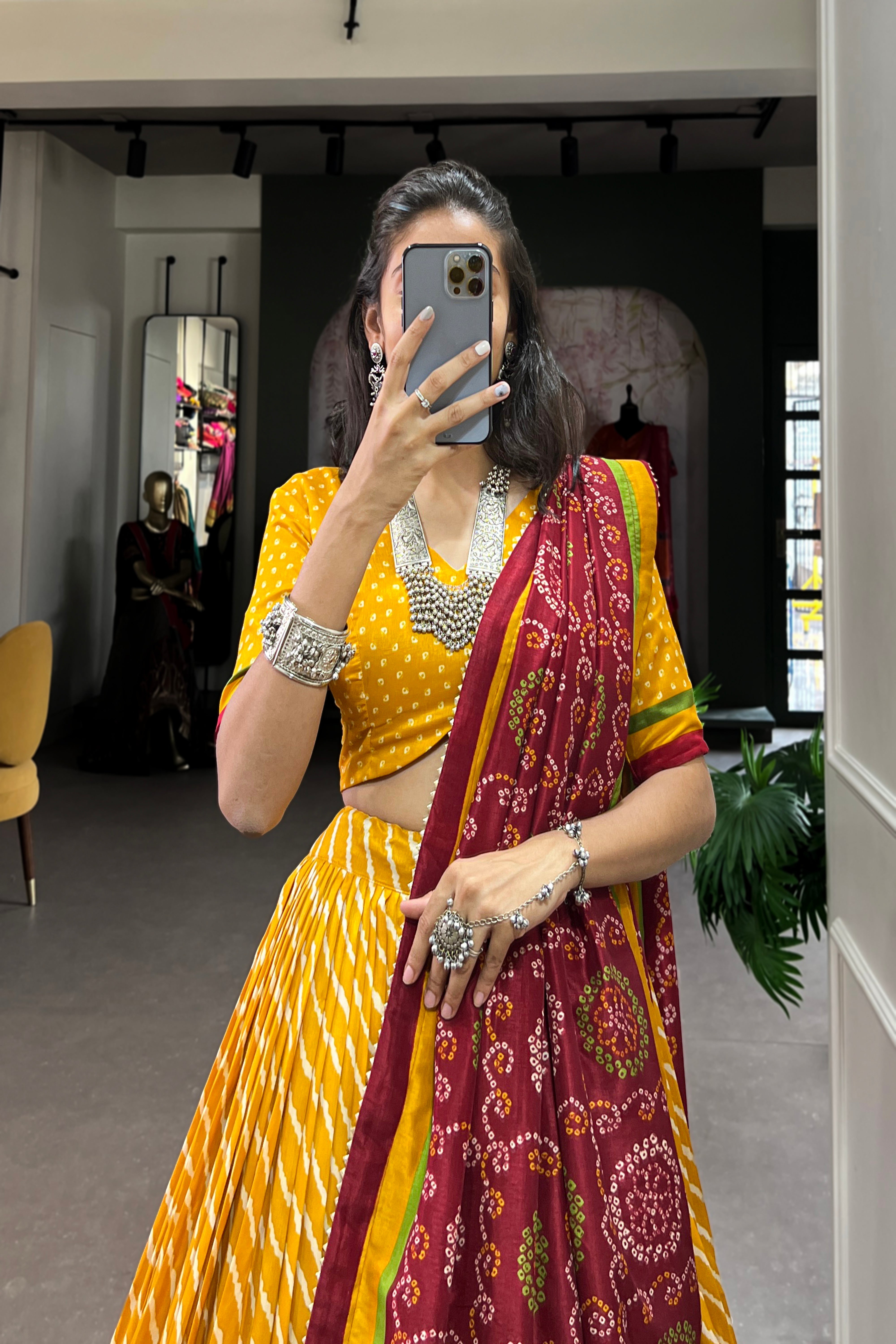 Elegant Leheriya Print Tussar Silk Lehenga Choli with Patola Print Border & Bandhani Dupatta