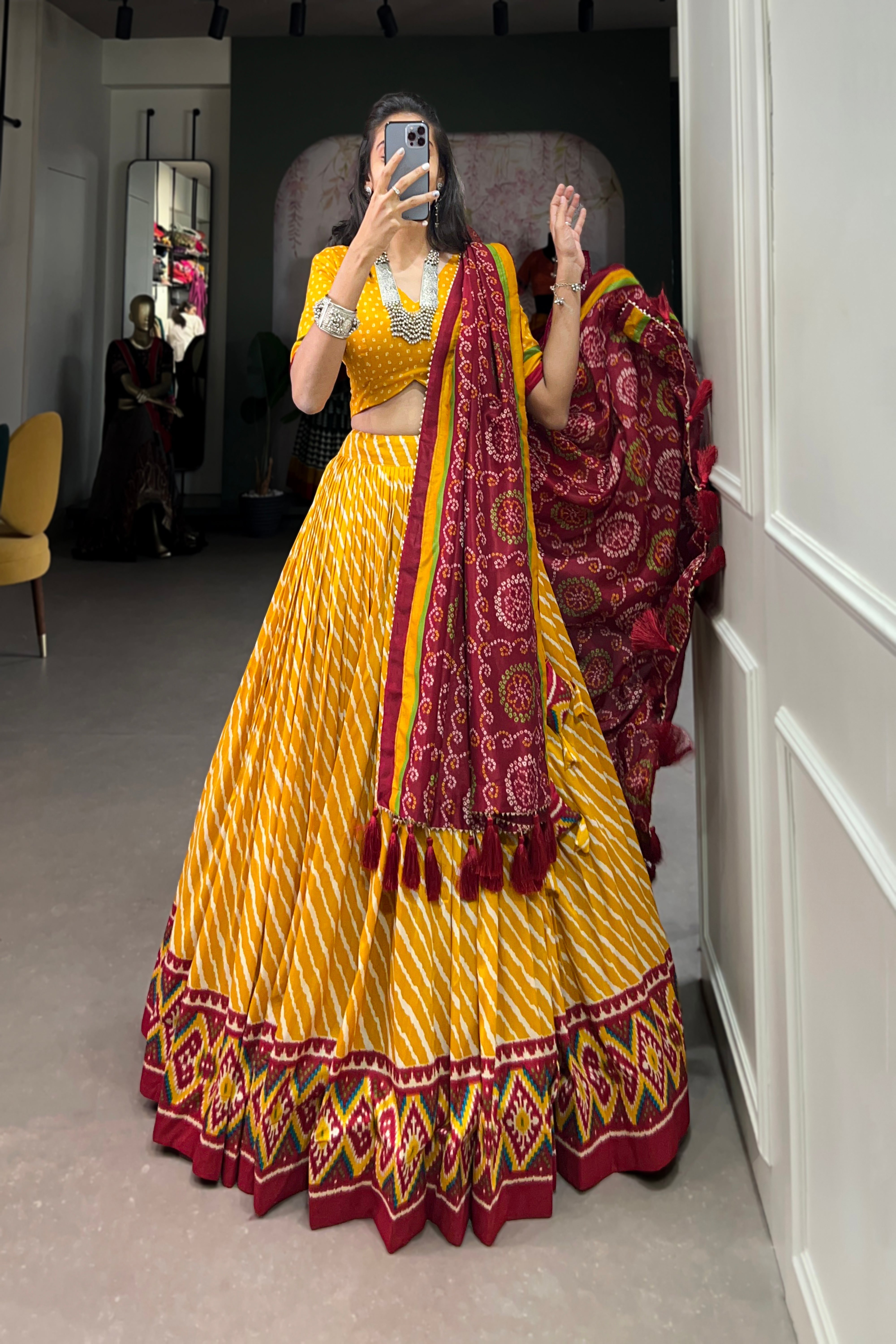 Elegant Leheriya Print Tussar Silk Lehenga Choli with Patola Print Border & Bandhani Dupatta