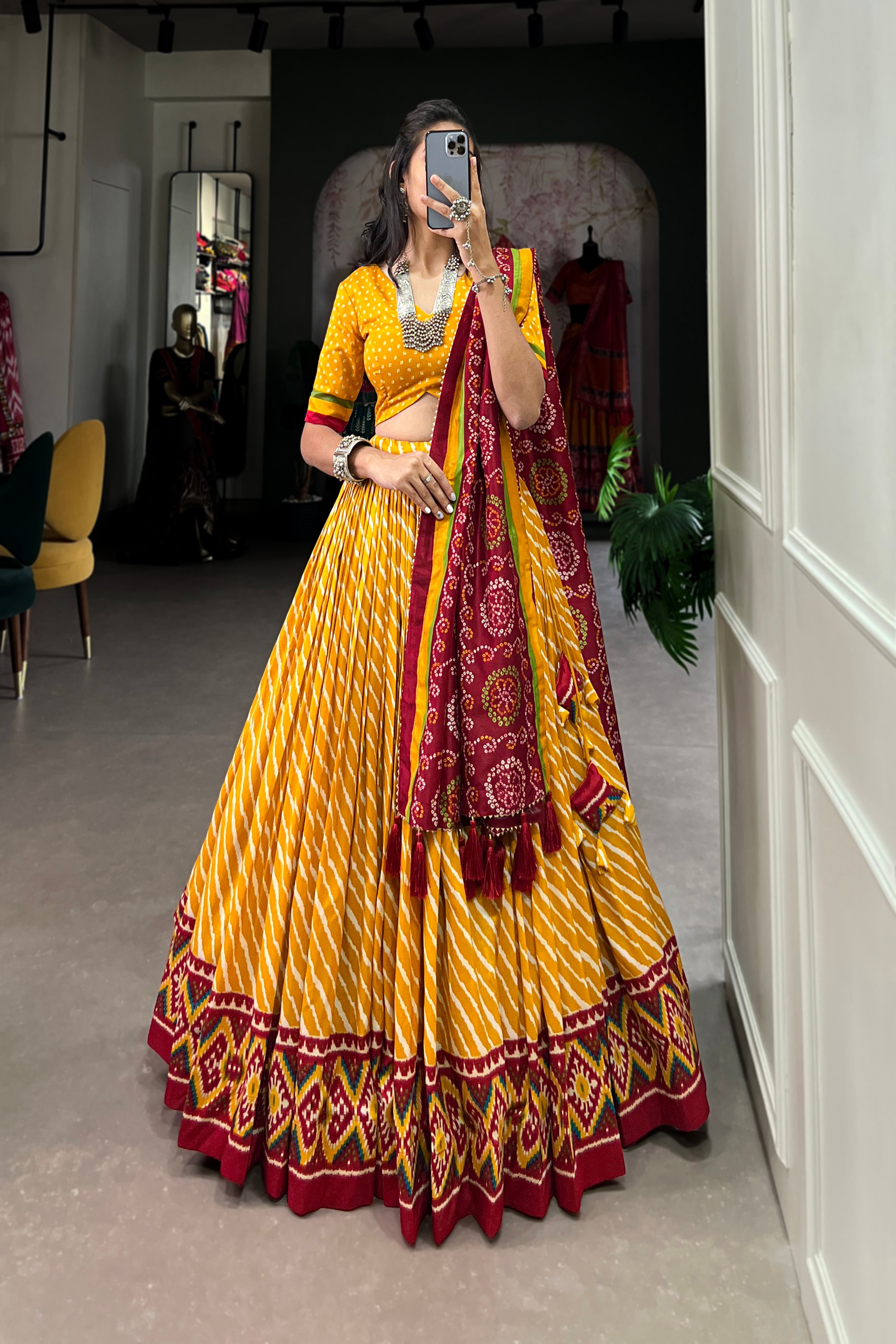 Elegant Leheriya Print Tussar Silk Lehenga Choli with Patola Print Border & Bandhani Dupatta