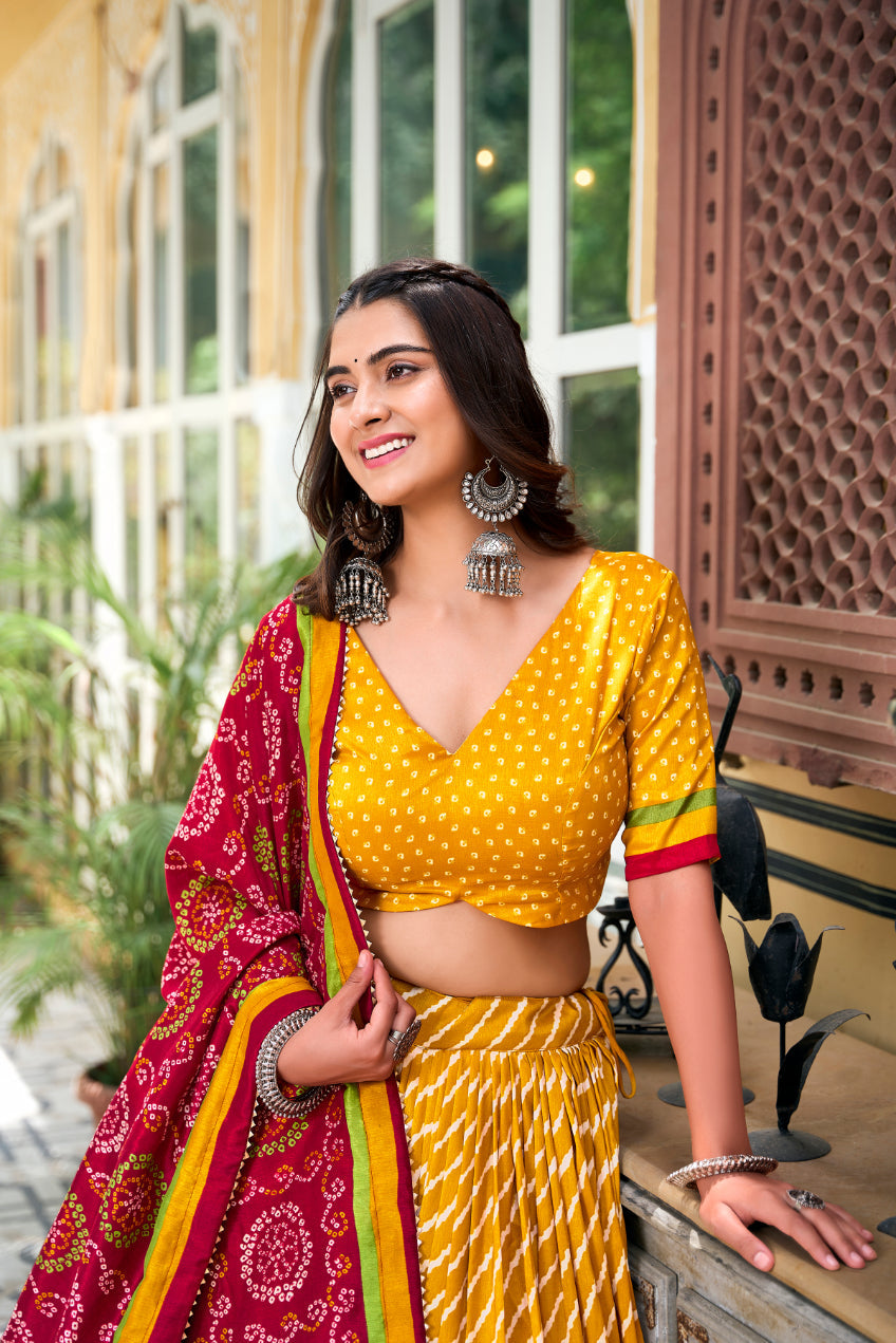 Elegant Leheriya Print Tussar Silk Lehenga Choli with Patola Print Border & Bandhani Dupatta