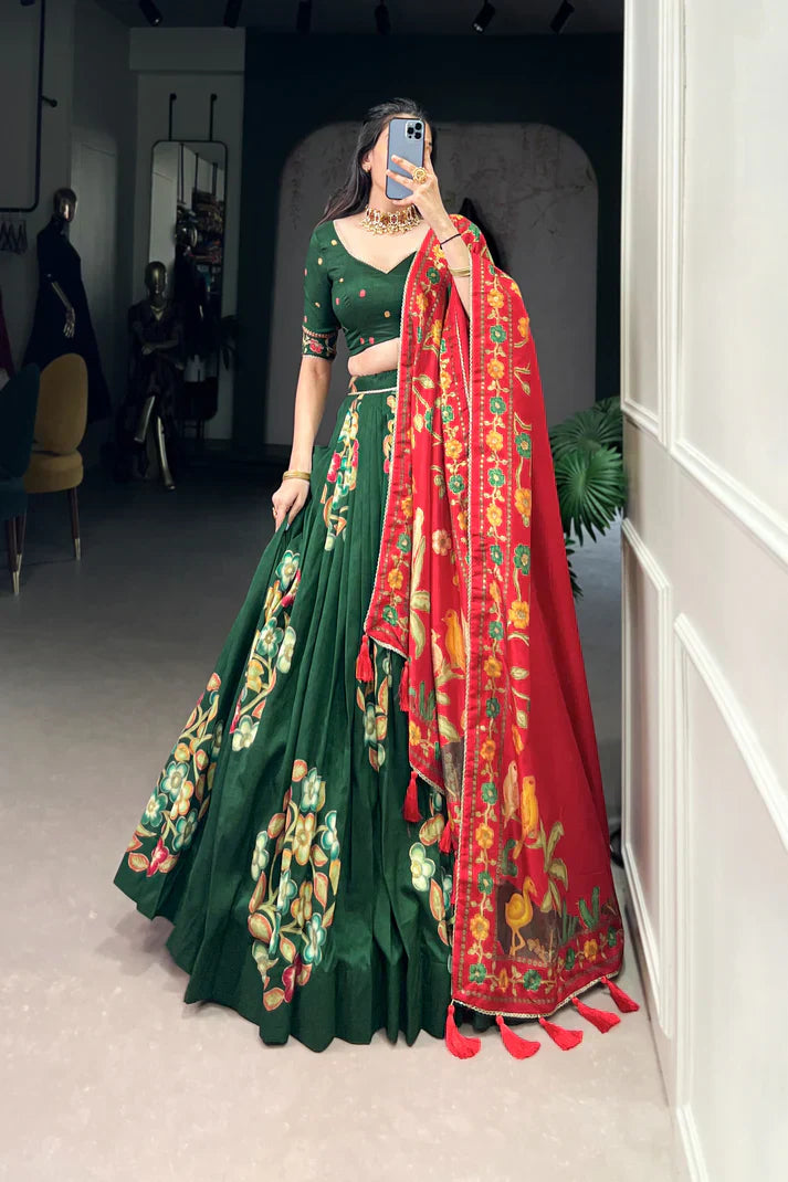 Traditional Tussar Silk Lehenga with Foil Print and Gotta Patti Lace Border