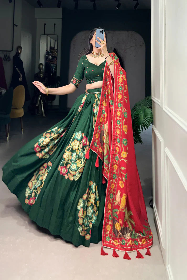 Traditional Tussar Silk Lehenga with Foil Print and Gotta Patti Lace Border