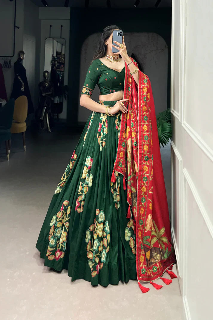 Traditional Tussar Silk Lehenga with Foil Print and Gotta Patti Lace Border