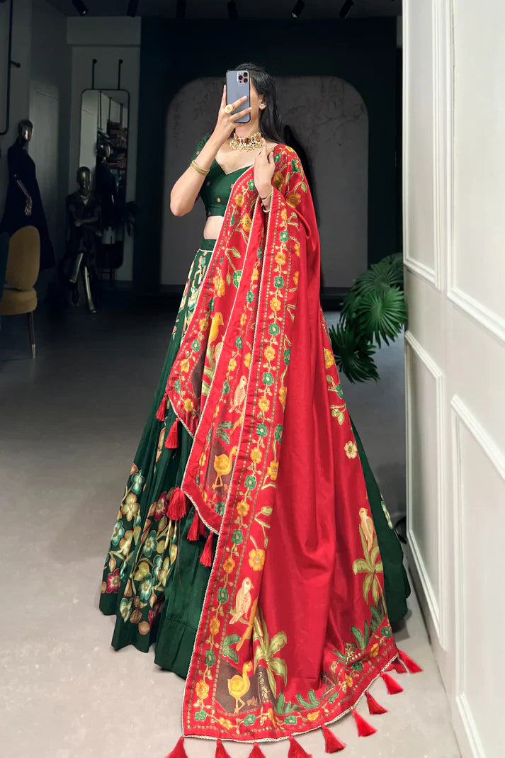 Traditional Tussar Silk Lehenga with Foil Print and Gotta Patti Lace Border