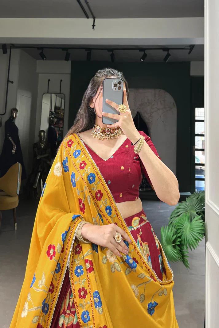 Tussar Silk Lehenga with Printed & Foil Work and Gotta Patti Lace Border – Elegant Festive Wear
