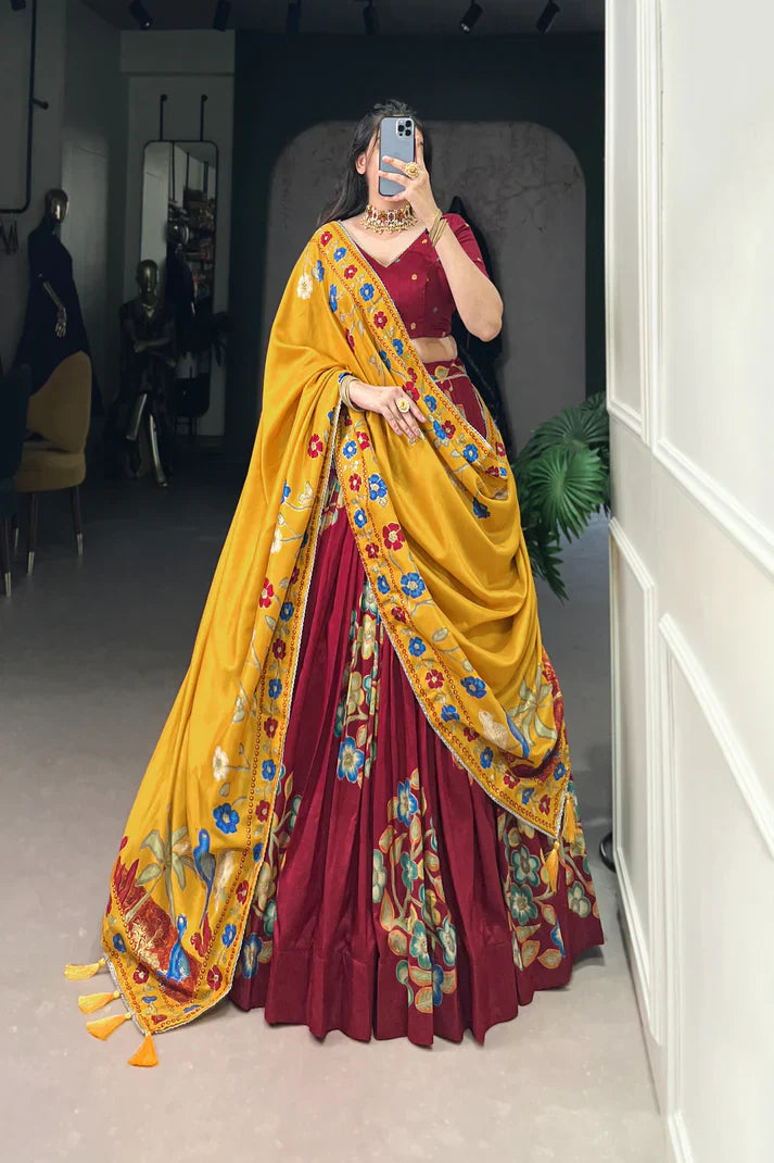 Tussar Silk Lehenga with Printed & Foil Work and Gotta Patti Lace Border – Elegant Festive Wear