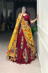 Tussar Silk Lehenga with Printed & Foil Work and Gotta Patti Lace Border – Elegant Festive Wear