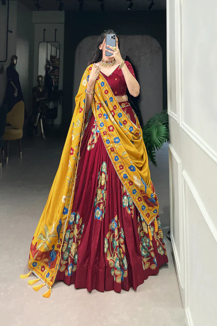 Tussar Silk Lehenga with Printed & Foil Work and Gotta Patti Lace Border – Elegant Festive Wear