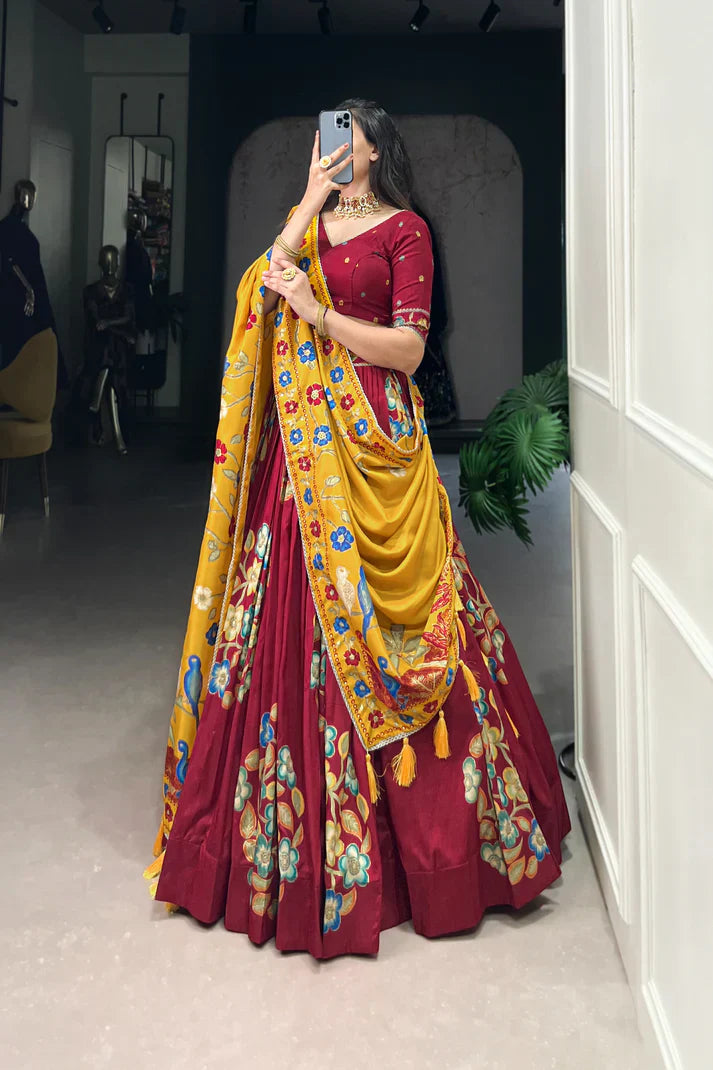 Tussar Silk Lehenga with Printed & Foil Work and Gotta Patti Lace Border – Elegant Festive Wear