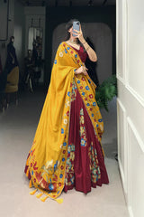 Tussar Silk Lehenga with Printed & Foil Work and Gotta Patti Lace Border – Elegant Festive Wear