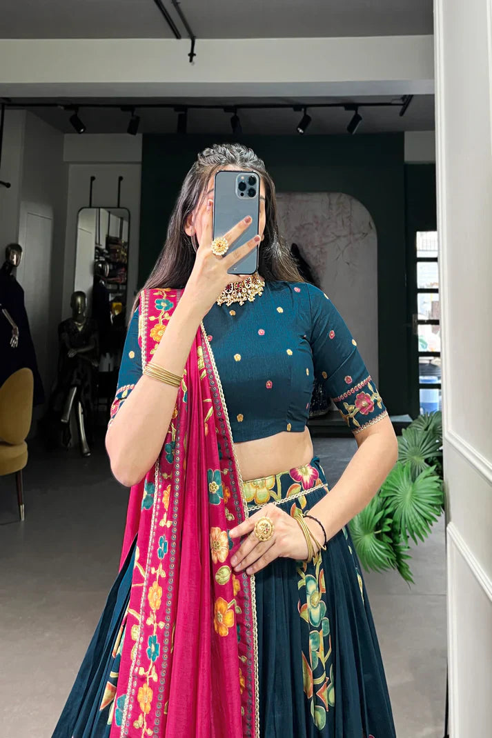 Tussar Silk Lehenga with Printed & Foil Work and Gotta Patti Lace Border