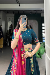 Tussar Silk Lehenga with Printed & Foil Work and Gotta Patti Lace Border