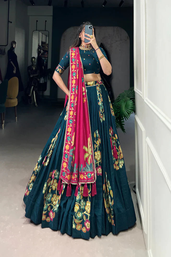 Tussar Silk Lehenga with Printed & Foil Work and Gotta Patti Lace Border