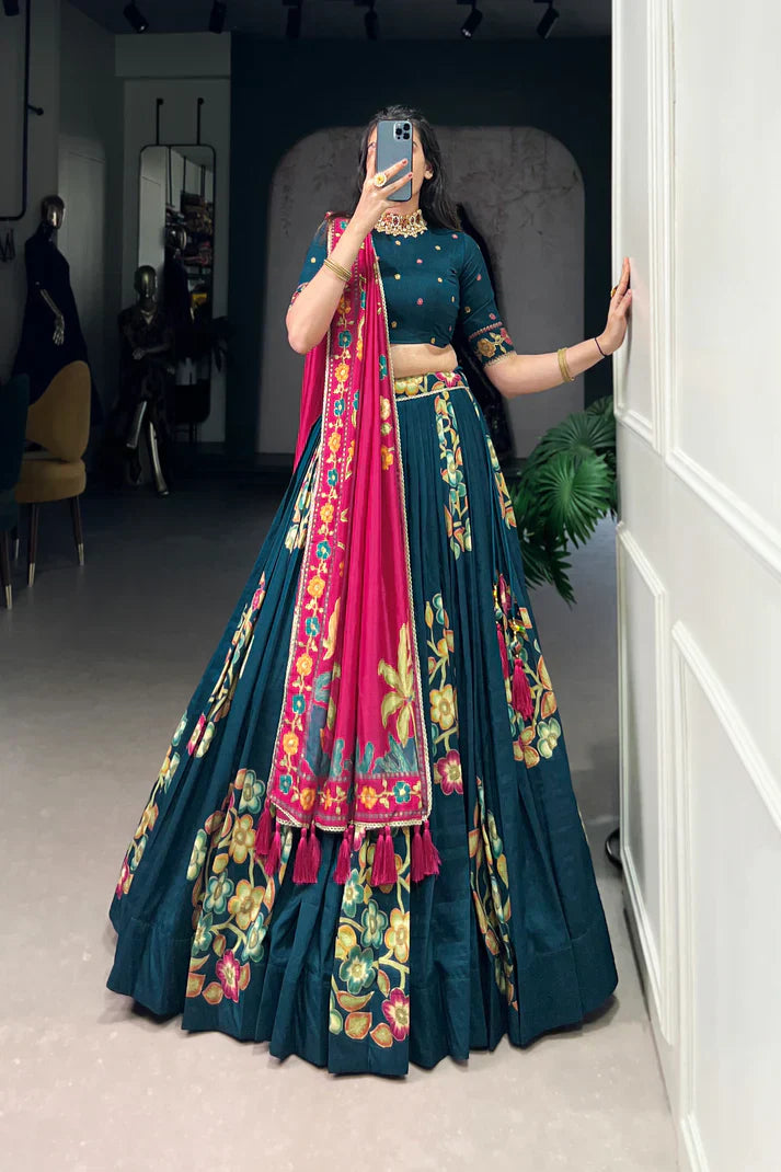 Tussar Silk Lehenga with Printed & Foil Work and Gotta Patti Lace Border