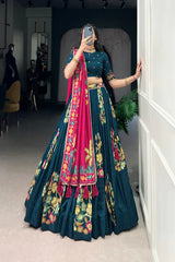 Tussar Silk Lehenga with Printed & Foil Work and Gotta Patti Lace Border