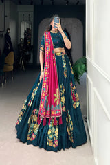 Tussar Silk Lehenga with Printed & Foil Work and Gotta Patti Lace Border
