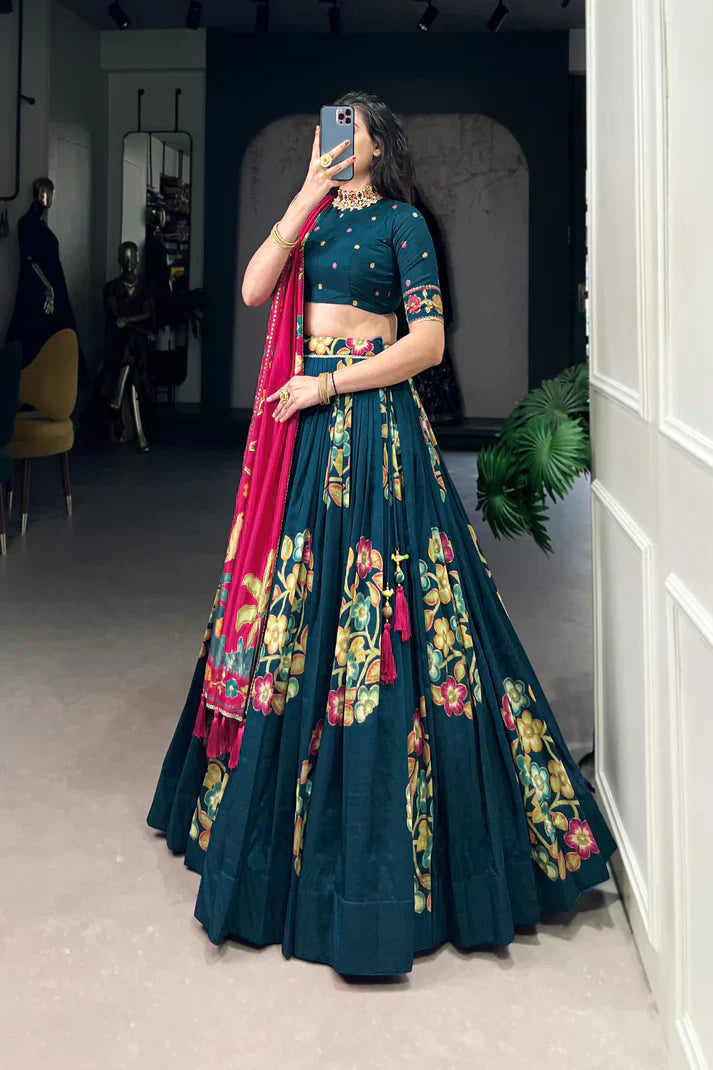 Tussar Silk Lehenga with Printed & Foil Work and Gotta Patti Lace Border