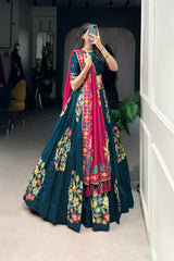 Tussar Silk Lehenga with Printed & Foil Work and Gotta Patti Lace Border