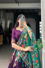 Tussar Silk Lehenga with Printed & Foil Work and Lace Touch Up