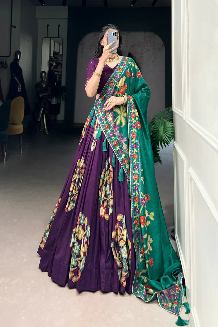 Tussar Silk Lehenga with Printed & Foil Work and Lace Touch Up
