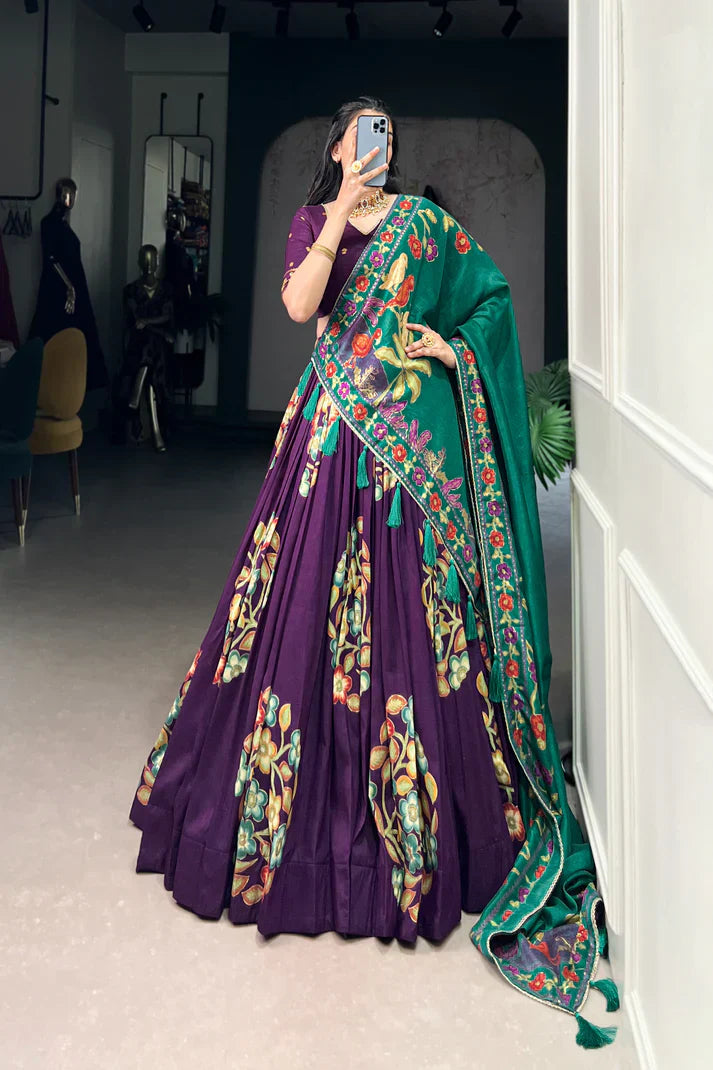 Tussar Silk Lehenga with Printed & Foil Work and Lace Touch Up
