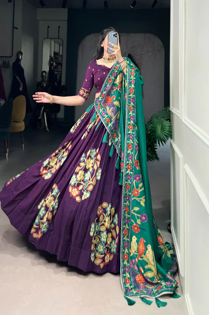 Tussar Silk Lehenga with Printed & Foil Work and Lace Touch Up