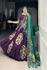 Tussar Silk Lehenga with Printed & Foil Work and Lace Touch Up