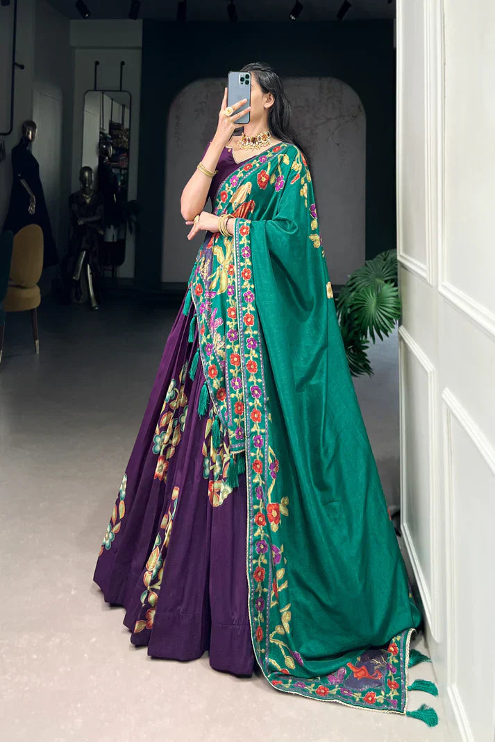 Tussar Silk Lehenga with Printed & Foil Work and Lace Touch Up