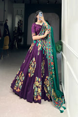Tussar Silk Lehenga with Printed & Foil Work and Lace Touch Up