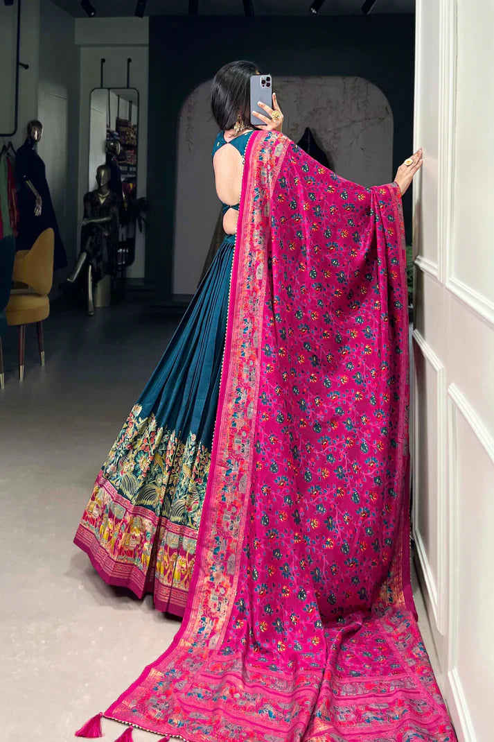 Tussar Silk Lehenga Set with Elegant Foil Print and Gotta Patti Lace Dupatta