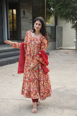 Muslin Crossed Embroidery Kurta Set with Micro Cotton Pants & Georgette Dupatta